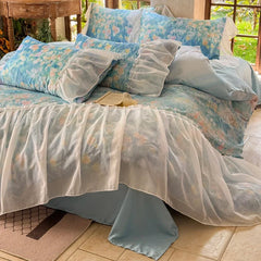 3/4Pcs French Princess Style Tencel Cotton Ice Silk Summer Cooling Comforter Set Blue Print Ruffle Bedding Set