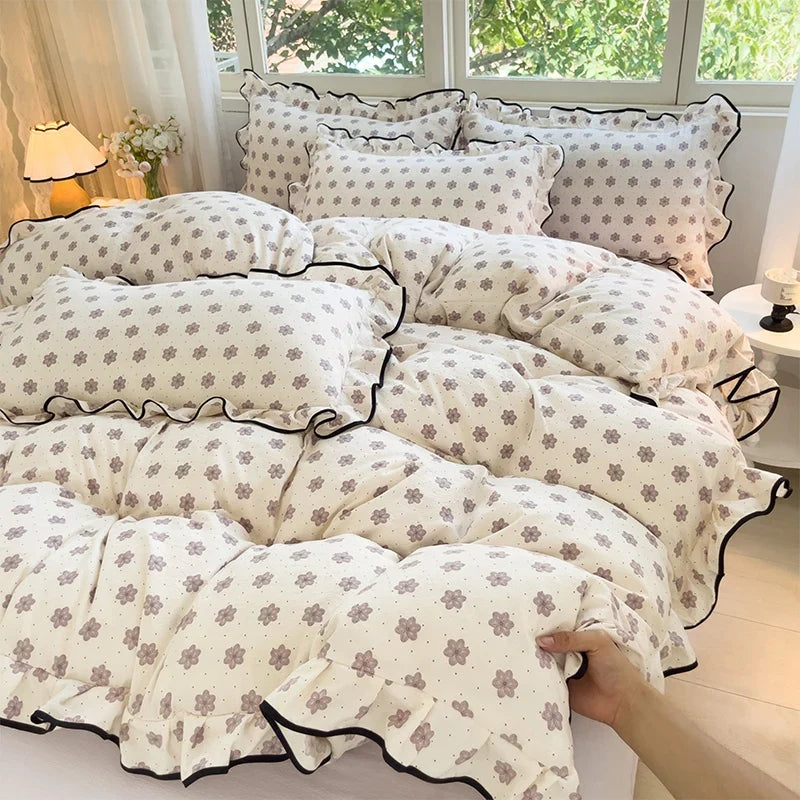 Heart Print Duvet Cover Set Princess Style Lace Ruffles Bedding Set