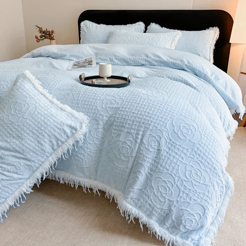 Pink Rose Carved Velvet Warm Bedding Set