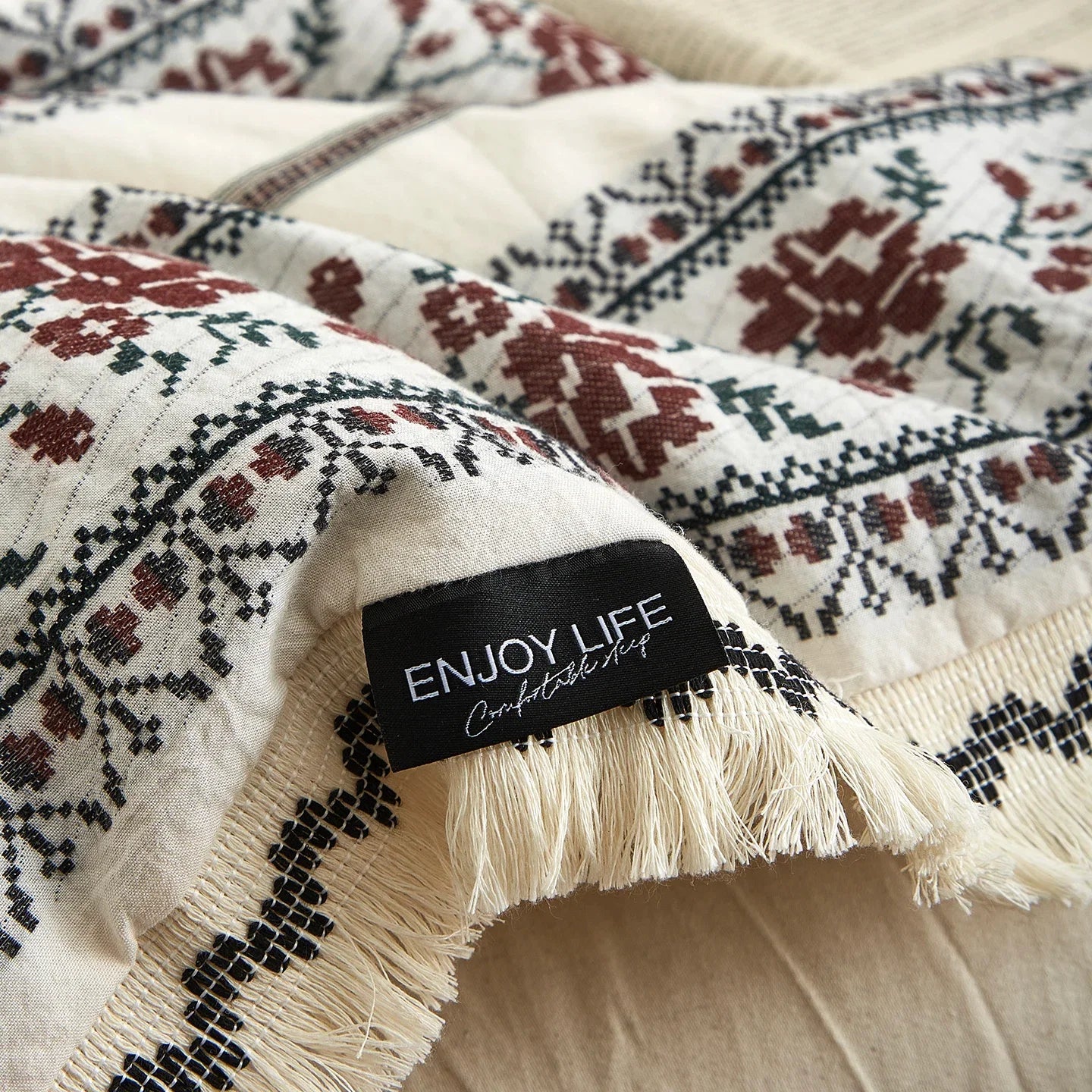 Vintage French Yarn-dyed Cotton Linen Blend Jacquard Tassel Edge Bedding Set