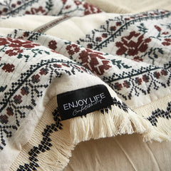 Vintage French Yarn-dyed Cotton Linen Blend Jacquard Tassel Edge Bedding Set