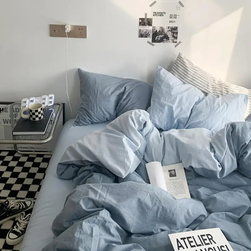Solid Duvet Cover Set with Sheet Pillowcases Korean Comforter Cover Bed Linen Twin Full Queen Size Grid Home Bedding Set