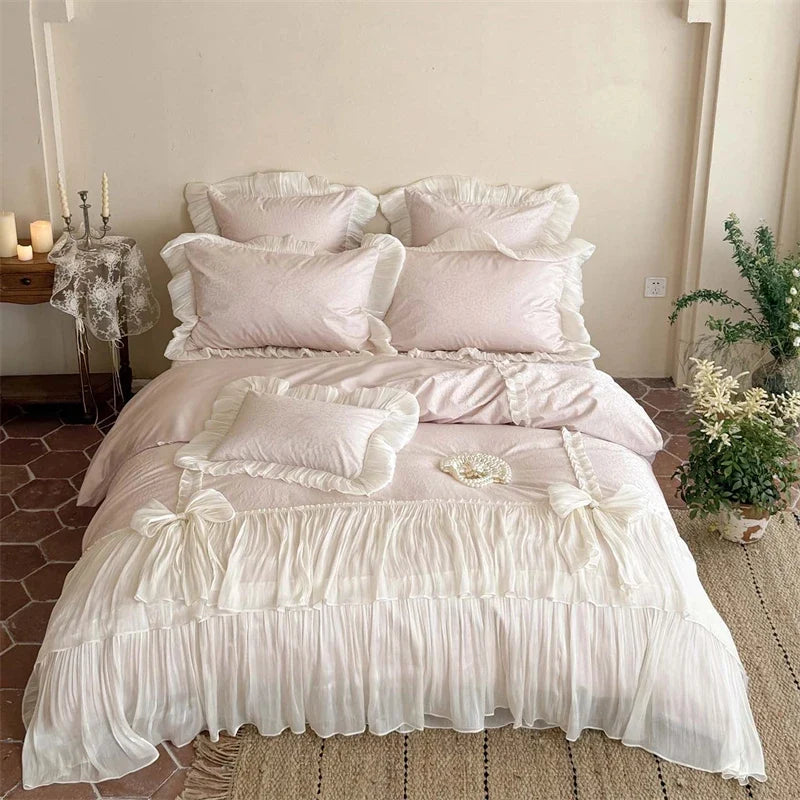 4Pcs Pink Ruffle Bow Lace Princess Wedding Bedding Set