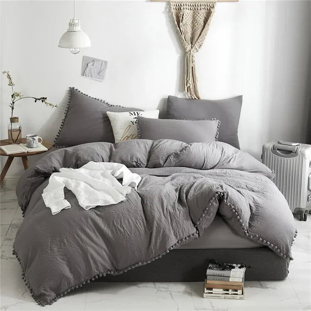 Twin Queen Size Solid Color Duvet Cover Set Pom Tassel Soft Microfiber Bedding Set