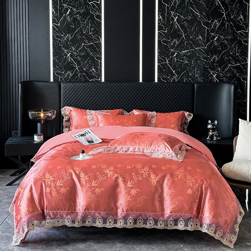 Luxury Euro Gold Satin Jacquard Lace Bedding Set