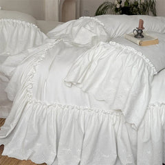 100% Cotton White Pleated Ruffles Princess Wedding Bedding Set