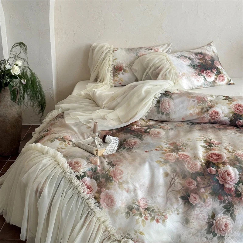 Vintage Rose Flowers Prints Three-sided Large Lace Ruffles 1000TC Egyptian Cotton Bedding Set