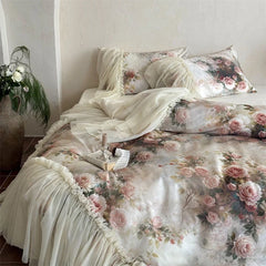 Vintage Rose Flowers Prints Three-sided Large Lace Ruffles 1000TC Egyptian Cotton Bedding Set