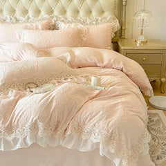 Vintage French Lace Ruffles Carved Velvet Warm Thickened Winter Bedding Set
