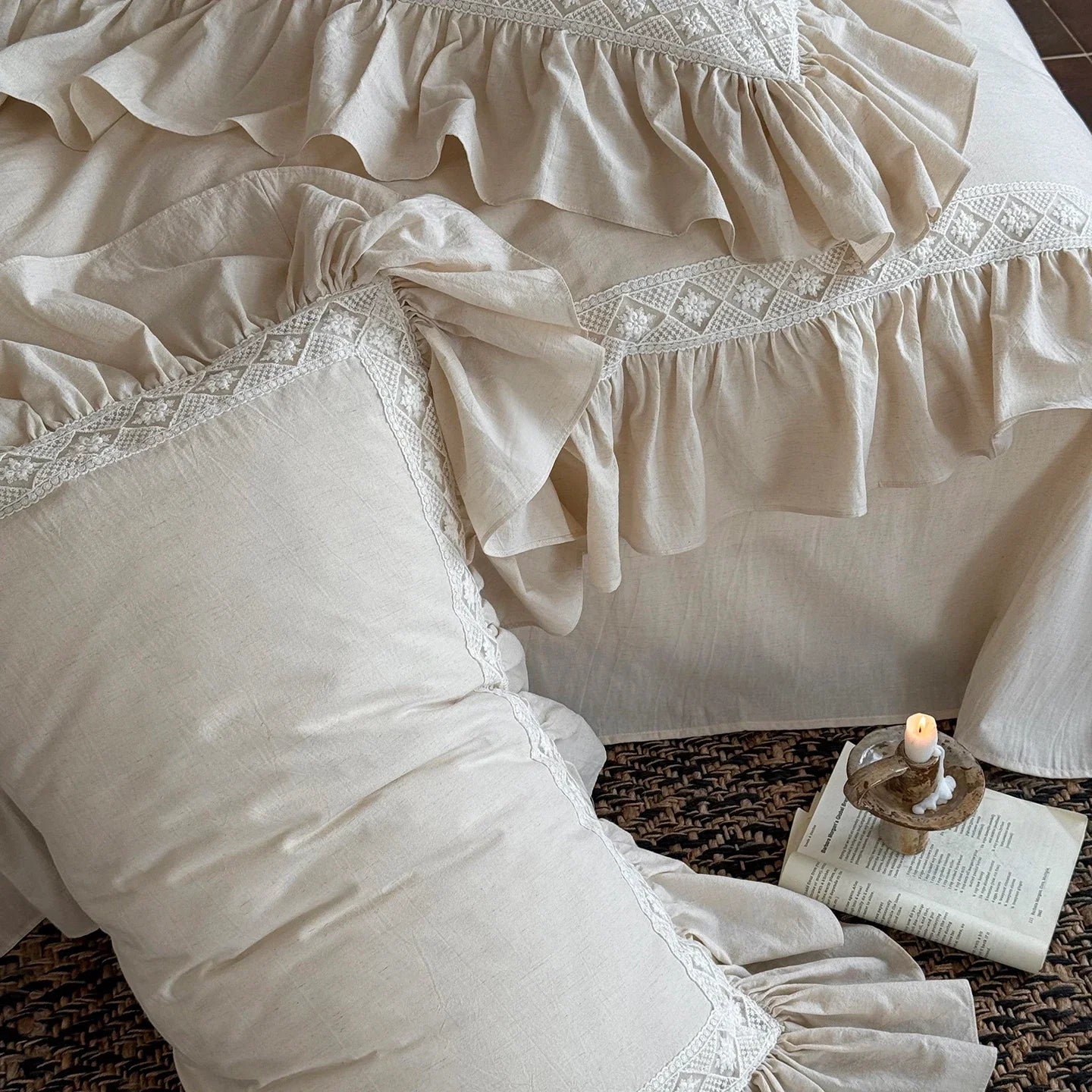 30% Linen And 70% Cotton Lace Ruffles Vintage French Bedding Set
