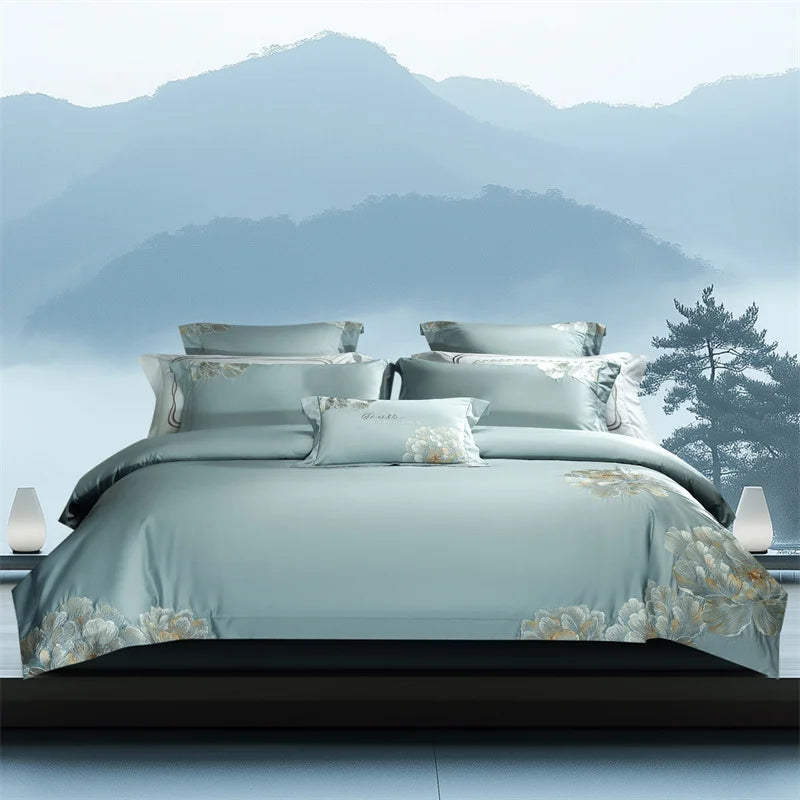 1000TC Egyptian Cotton Chinese Style Flowers Embroidery Luxury Bedding Set