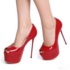 Red Patent Leather Peep Toe Pumps