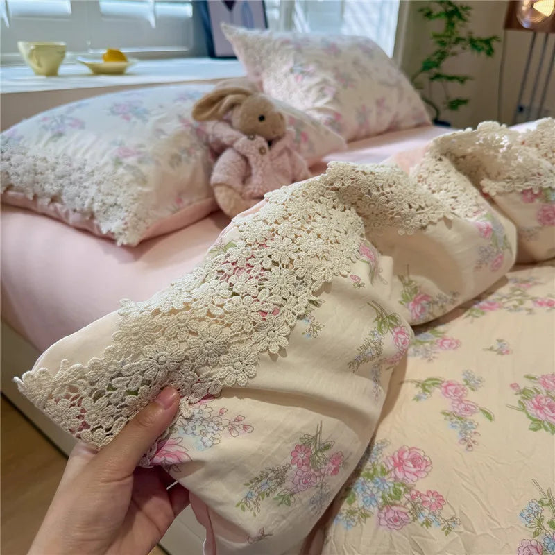 3/4Pcs Korean Princess Flower Print Lace Bedding Set