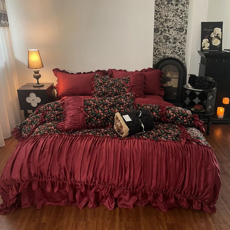 Vintage Floral Pleated Ruffles Bow 1000TC Egyptian Cotton Bedding Set