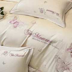 100% Cotton Butterfly Flowers Embroidery Luxury Bedding Set