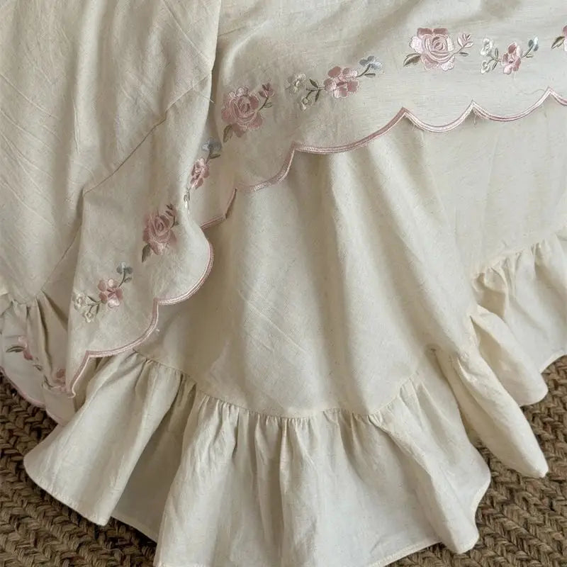 Vintage French Lace Flowers Embroidery Natural Cotton Linen Princess Bedding Set