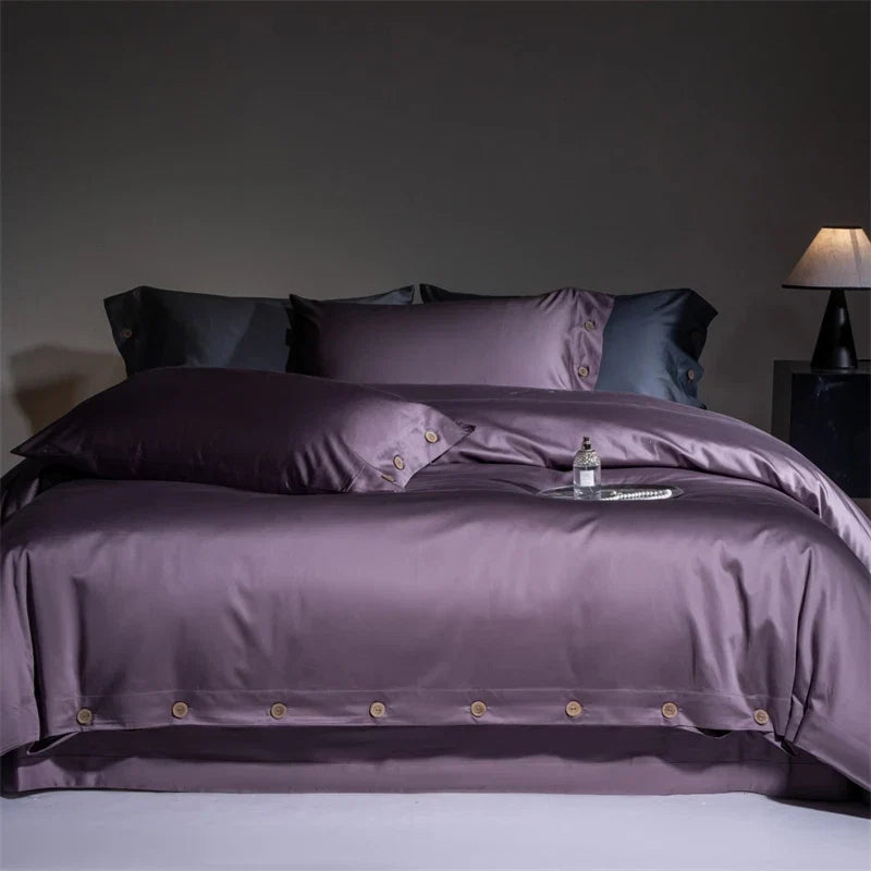 800TC Lyocell Cotton Bedding Set, Luxury Silky Soft Duvet Cover with Button Closure, Flat/Fitted Bed Sheet Pillowcases 4Pcs