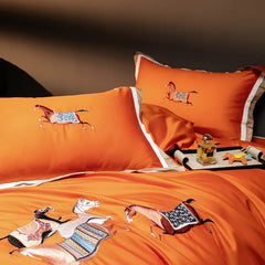 1000TC Satin Egyptian Cotton Bedding Set, Horse Embroidery, Queen, King, Duvet Cover Set, Flat/Fitted Bed Sheet, Pillowcases