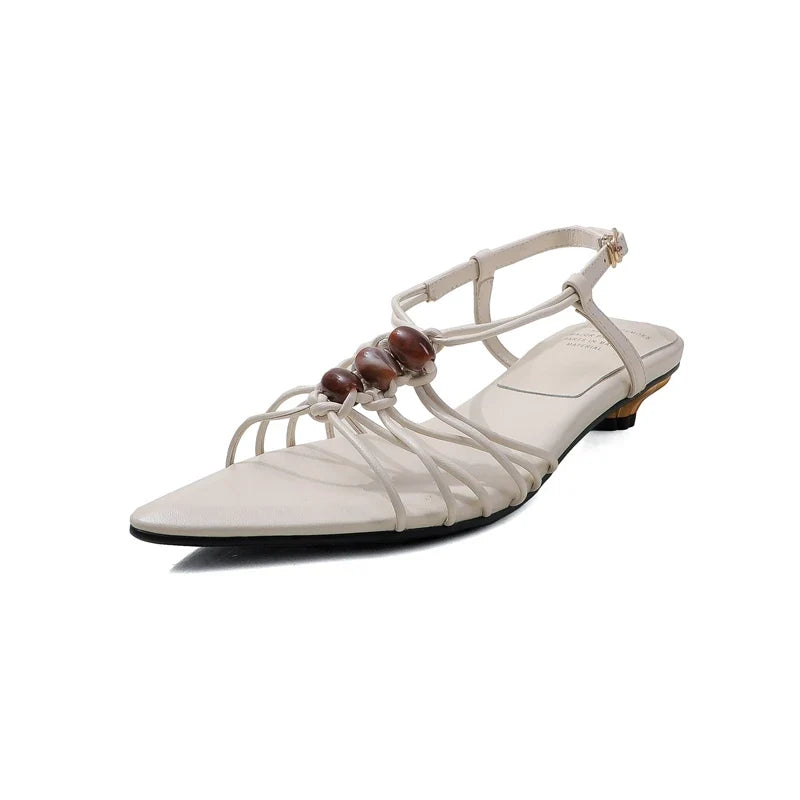 leather cowhide bead weaving hollow breathable elastic buckle mid Heel