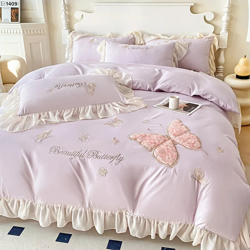 3/4Pcs Korean Princess Style Washed Cotton Three-Dimensional Embroidered Butterfly Queen Size Bedding Set