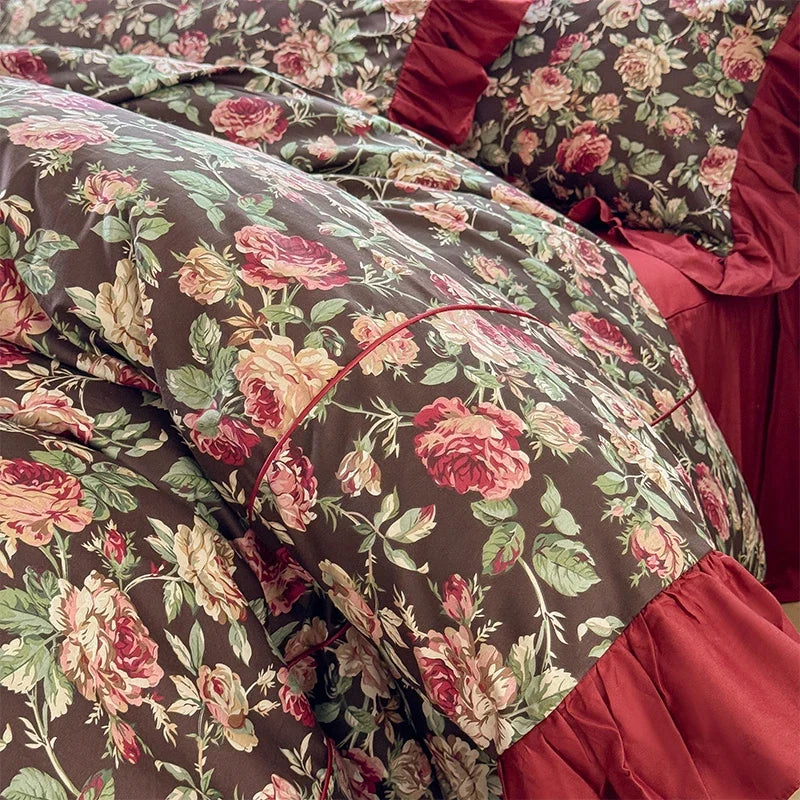 100% Cotton Vintage Rose Print Ruffles Bedding Set