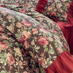 100% Cotton Vintage Rose Print Ruffles Bedding Set