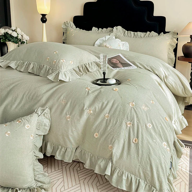 Chic Flowers Embroidery Ruffles Luxury Bedding Set