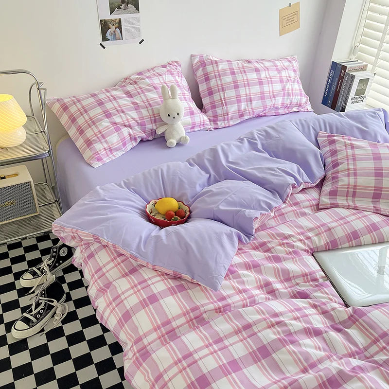 Brushed Japanese Muji-Style Plaid Striped Duvet Cover and 2 Pillowcases minimal queen twin size quilt cover 3pcs bedding sets