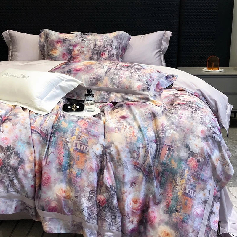 Flowers Digital Printing Wide Edge 1000TC Lyocell Cotton Soft Silky Bedding Set