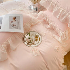 4Pcs French Princess Style Three-Dimensional Rose Flowers White Ruffle 2-Person Cotton Bed Linen Four-Season Pink Bedding Set
