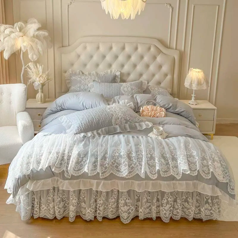 4/6Pcs Pink Princess Wedding Lace Embroidery Korean Style Bedding Set
