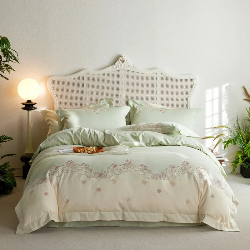 1000TC Egyptian Cotton Luxury Rose Embroidery Blue Pink Green Bedding Set