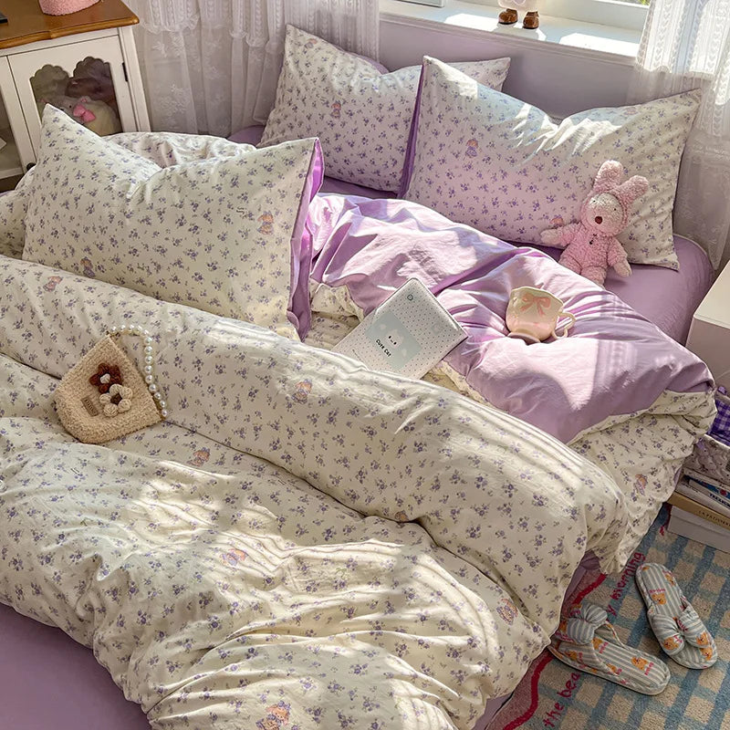 Japanese Floral Printed Duvet Cover Set Twin King Soft Homestay Bedding Set