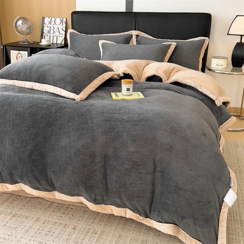Winter Coral Velvet Duvet Cover Set with Bed Sheets and Pillowcase Warm Keep Skin Friendly Bedding Four Piece Set Quilt Cover