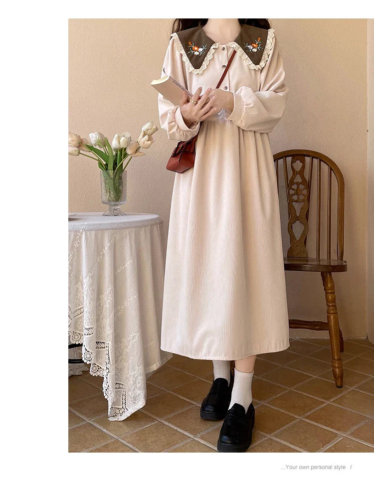 Forest Flower Corduroy Cottagecore Dress with Embroidery