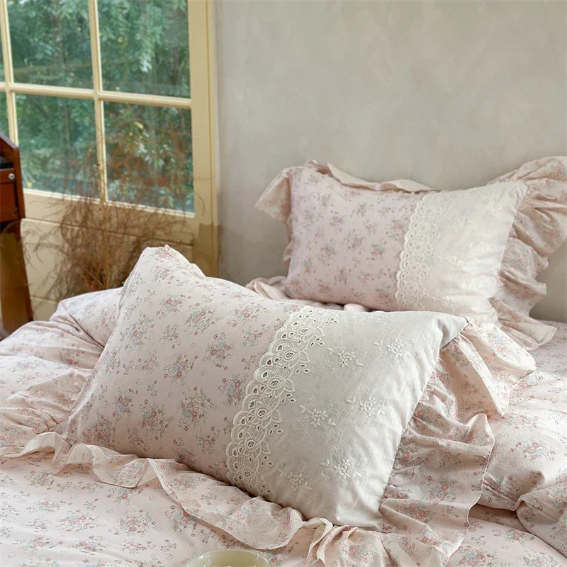 French Vintage 100% Cotton Lace Ruffles Floral Princess Bedding Set