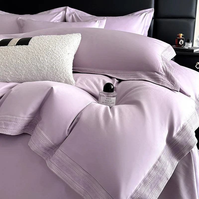 600TC Egyptian Cotton Embroidery Wide Edge Luxury Solid Color Bedding Set