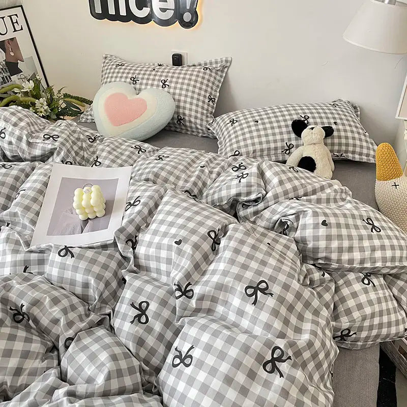 Nordic Pink Checkerboard Duvet Cover Sets With Pillowcases Flat Sheet Kids Girls Boys Full Queen Twin Size Kawaii Bedding Kit
