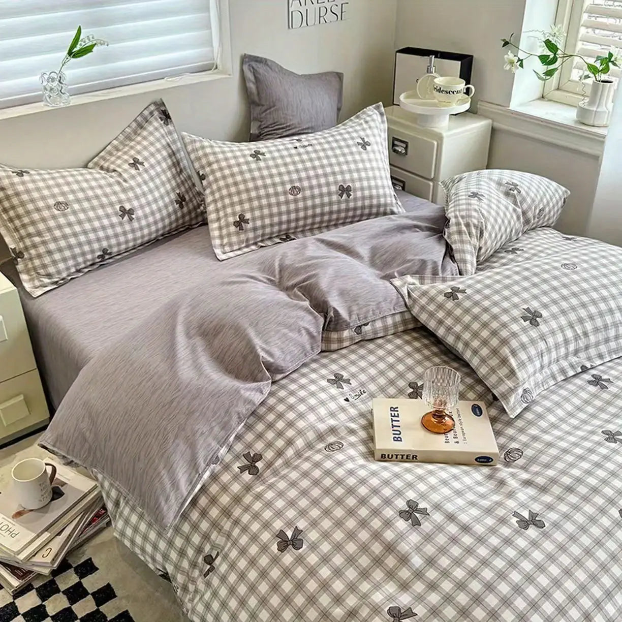 Grey Duvet Cover Set with Bow Fashion Twin Queen Size Girls Boys Flat Sheet Pillowcase No Filler Soft Summer Home Bedding Set