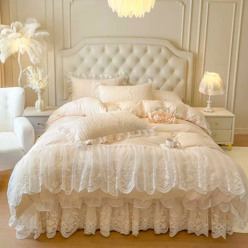 4/6Pcs Pink Princess Wedding Lace Embroidery Korean Style Bedding Set