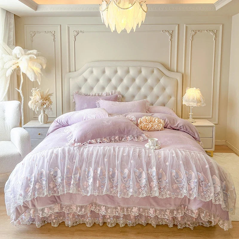 Butterfly Embroidery Lace Ruffles Carved Velvet Winter Thickened Bedding Set