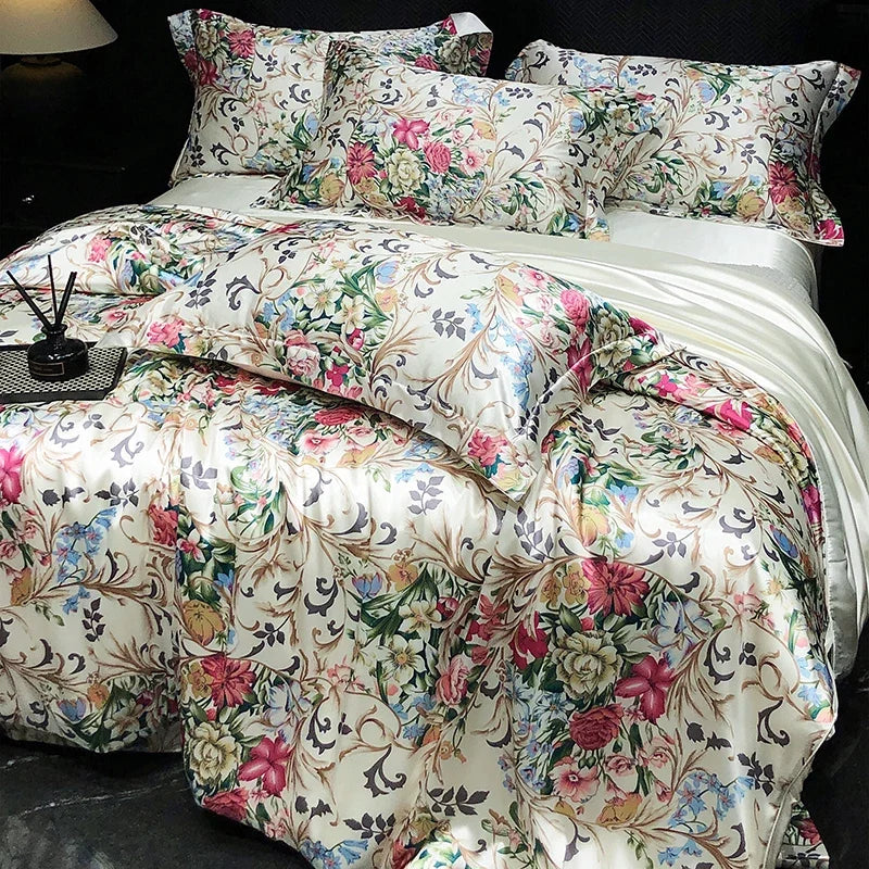 Luxury Mulberry Silk Duvet Cover High End Floral Printed Bedding Set