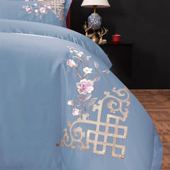 100% Cotton Luxury Oriental Golden Geometric Pattern Flowers Embroidery Bedding Set