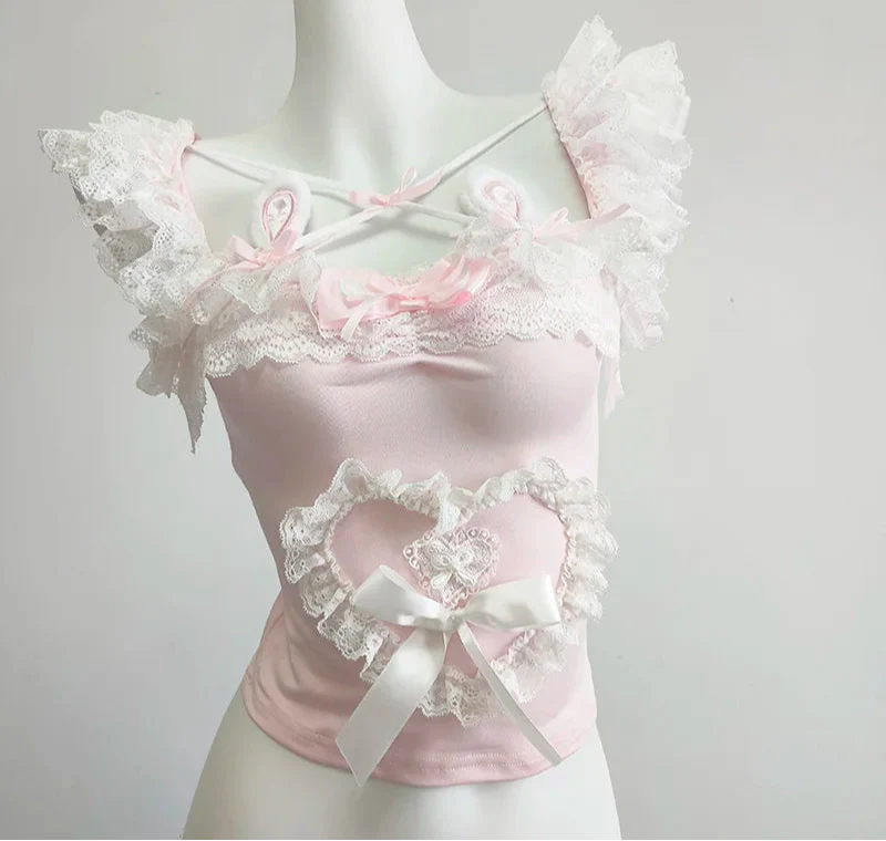 Wonder-hop Pink Coquette Bustier Top with Bunny Ears and Lace Ruffles