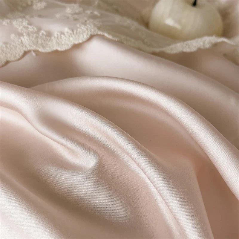 Princess Style Pink Floral Lace Embroidery 600TC Lyocell Bedding Set