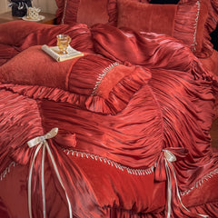 Vintage French Palace Style Pleated Lace Ruffles Bow Velvet Warm Bedding Set