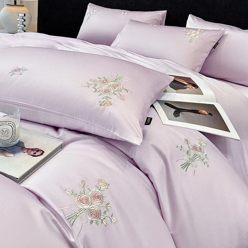 Chic Flowers Embroidery 100% Cotton Luxury Simple Solid Color Bedding Set