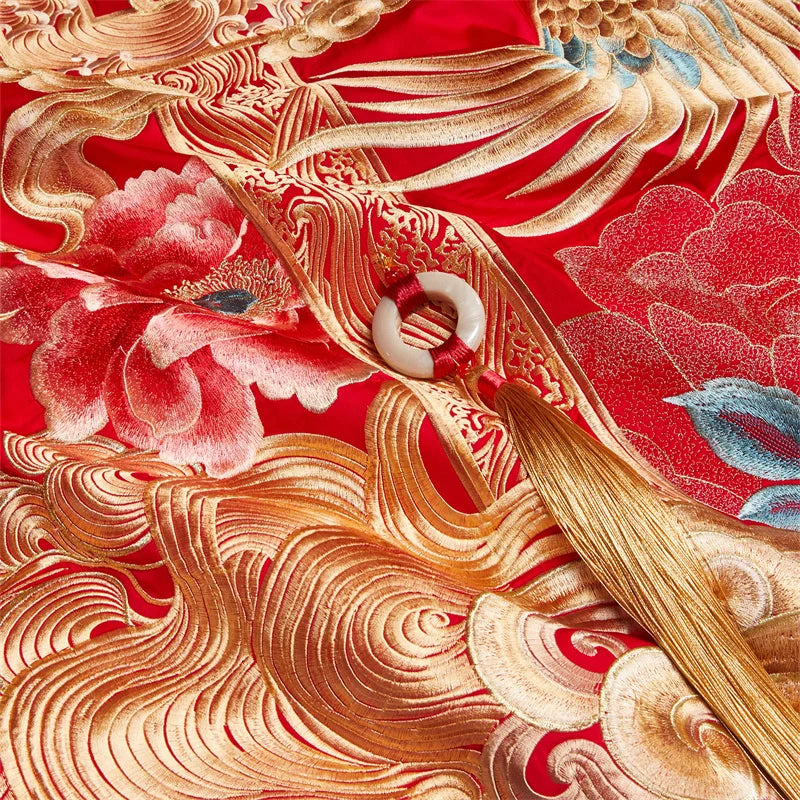Luxury Chinese Style Wedding Flower Dragon Phoenix Embroidery Bedding Set