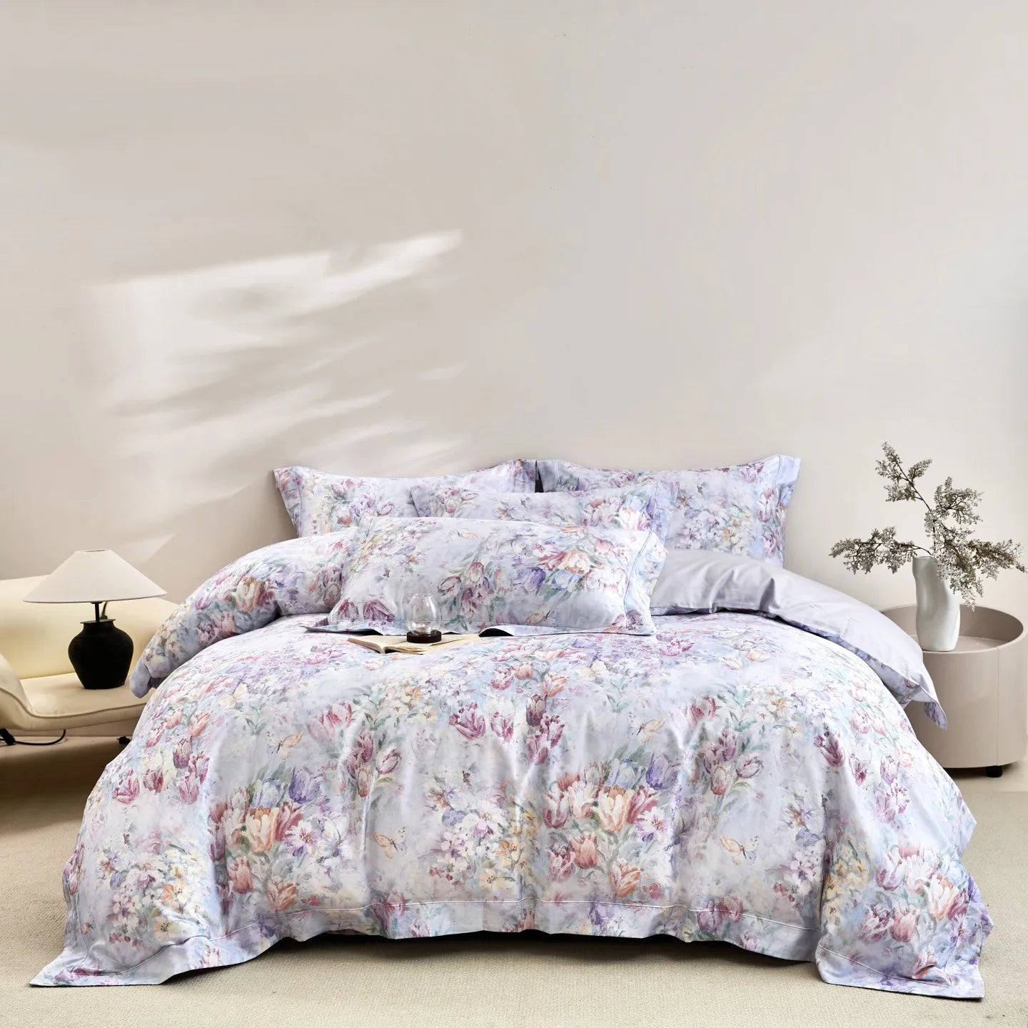 600TC Egyptian Cotton Flowers Print Queen King Size Luxury Bedding Set