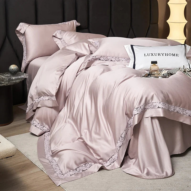 1000TC Lyocell Cotton Hollow Flowers Wide Edge Luxury Bedding Set